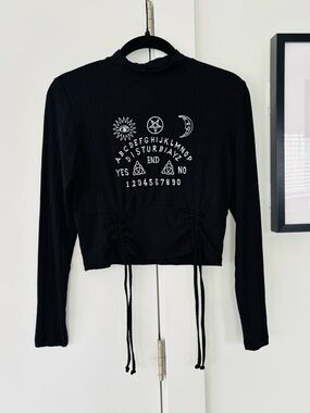 Disturbia Black Ouija Shirt size 8 women's long sleeve knit adjustable top